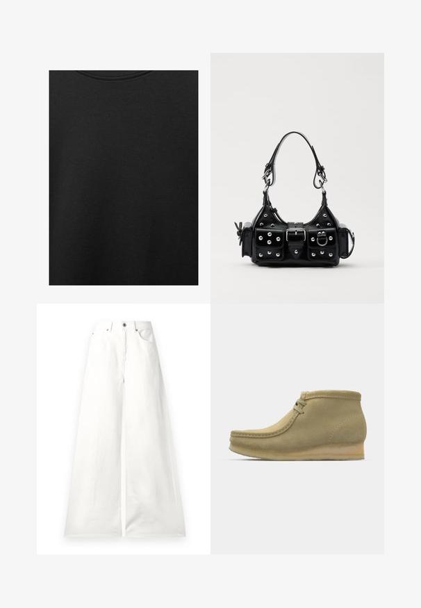 Fekete pamut anyag sima textúrával és kerek nyakkivágással, finom, egyenletes szemcsés mintázattal. Nincsenek látható logók vagy díszítések.; Fehér, bő szárú farmernadrág, magas derékkal, elülső zsebekkel és sima felülettel, minimális varrási részletekkel.; Beige velúr bokacsizmák lekerekített orral, minimális varrással, kis sarkukkal és állítható méretű fűzős záródással.; Fekete bőr kézitáska ívelt designnal, ezüst szegecsekkel, csattal és két oldalsó zsebbel. Állítható vállpánt a hordozási lehetőségekhez.