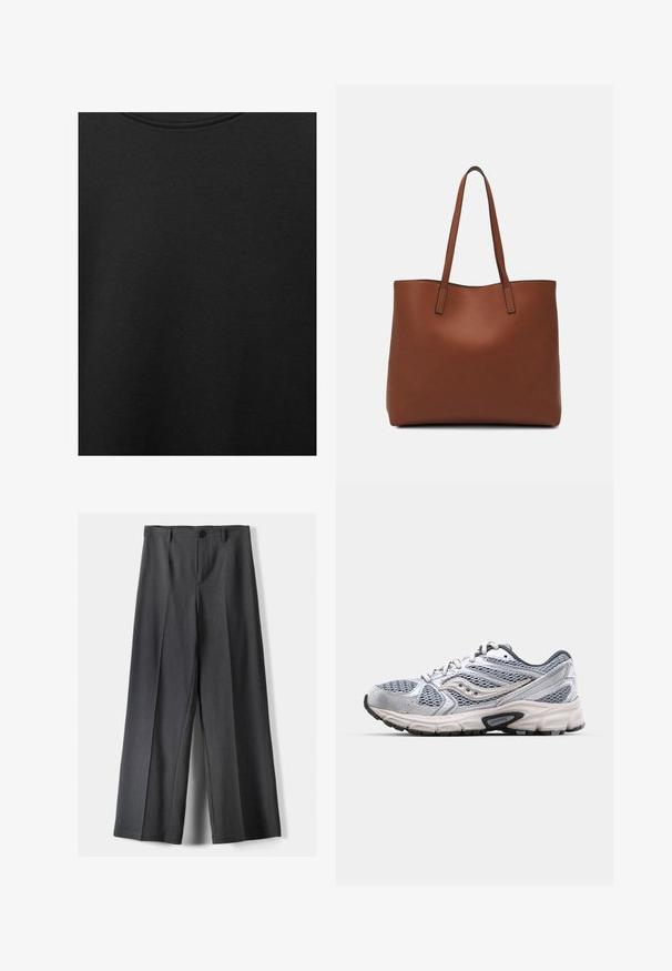 Crni pamučni materijal s glatkom teksturom i okruglim izrezom, s nježnim, ravnomjernim uzorkom. Nema vidljivih logotipa ili akcenata.; Hlače širokih nogavica od tamnosive tkanine, s kopčanjem na gumb, prednjim plisiranjima i petljama za remen. Glatka tekstura s krojem.; Srebrne trkačke tenisice s mrežastim gornjim dijelom, podstavljenom potplatom i sivim detaljima. Imaju zaobljen vrh i vezivanje. Vidljiv logo branda.; Smeđa kožna torba preko ramena s glatkom teksturom, otvorenim vrhom i dvjema naramenicama. Ima minimalne šavove i nema vidljivog hardvera.