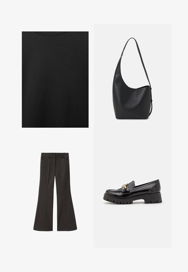 Crni pamučni materijal s glatkom teksturom i okruglim izrezom, s nježnim, ravnomjernim uzorkom. Nema vidljivih logotipa ili akcenata.; Crne široke hlače s visokim strukom; sadrže dva prednja džepa i glatku teksturu materijala. Pogodne za razne prigode.; Crne lakirane kožne mokasine s debelim, nazubljenim crnim đonom i zlatnim detaljem sprijeda. Glatka površina, klasičan dizajn.; Crna kožna hobo torba s glatkom teksturom, zakrivljenim oblikom i jednom podesivom trakicom; ima širok otvor na vrhu.