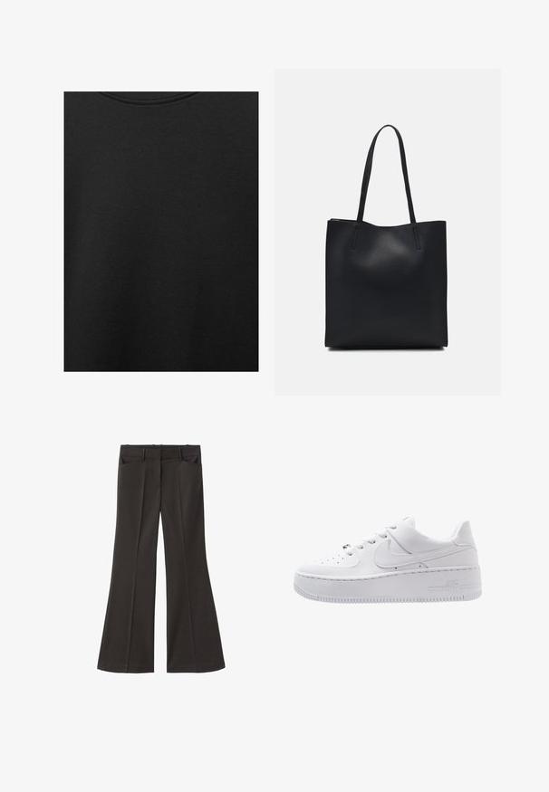 Tessuto di cotone nero con una texture liscia e scollatura rotonda, caratterizzato da un motivo a grana sottile e uniforme. Nessun logo o accento visibile.; Pantaloni neri a zampa d'elefante con vita alta; presentano due tasche frontali e una texture del tessuto liscia. Adatti per varie occasioni.; Sneaker bianco in pelle con design con lacci, punta perforata, colletto imbottito e suola spessa con "AIR" in rilievo sul lato.; Borsa tote in pelle nera con texture liscia, forma rettangolare e due manici lunghi. Nessun hardware o decorazione visibile.