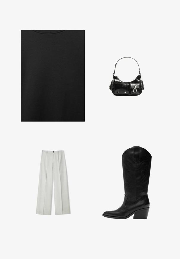 Țesătură de bumbac neagră cu o textură netedă și un guler rotund, având un model de granulație subtil și uniform. Fără logo-uri sau accente vizibile.; Pantaloni largi de culoare gri deschis, confecționați dintr-un material texturat, având închidere cu nasture și două plii în față pentru un detaliu suplimentar.; Boots de cowboys din piele neagră cu vârf ascuțit, broderie decorativă, toc mediu înclinat și curea de prindere pe tijă.; Geantă de mână din piele lăcuită neagră, cu o formă curbată, un umăr, buzunare frontale și accente din metal argintiu.