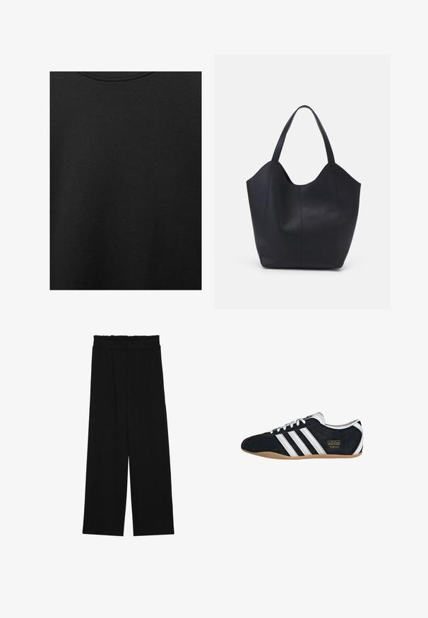 Sort bomuldsstof med glat struktur og rund halsudskæring, prydet med et subtilt, jævnt kornmønster. Ingen synlige logoer eller accenter.; Sorte brede bukser med en rynket talje, der har to sidelommer og et glat, let stof. Ingen synlige mønstre eller hardware.; Sort ruskinds sneaker med hvide tre striber, guldlogo og en brun gummisål. Har et lavprofil snørebåndsdesign.; Sort tote taske lavet af glat læder, med en buet, åben top, to skulderstropper og et minimalistisk design.