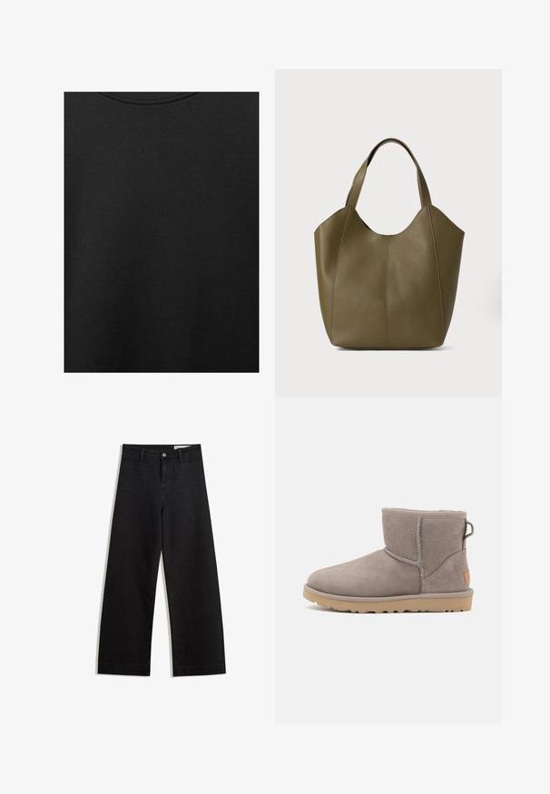 Fekete pamut anyag sima textúrával és kerek nyakkivágással, finom, egyenletes szemcsés mintázattal. Nincsenek látható logók vagy díszítések.; Fekete, bő szabású farmernadrág magas derékkal, elülső és hátsó zsebekkel, varrott felületekkel és gombos záródással. Sima textúra.; Szürke velúr bokacsizma lágy textúrával, megerősített varrással, lekerekített orral és gumi talppal, amelyen egy kis logócímke található az oldalon.; Olivazöld bőr kézitáska dupla pántokkal, sima textúrával és négy paneles kialakítással. Erősített varrás a varratok mentén a tartósság érdekében.