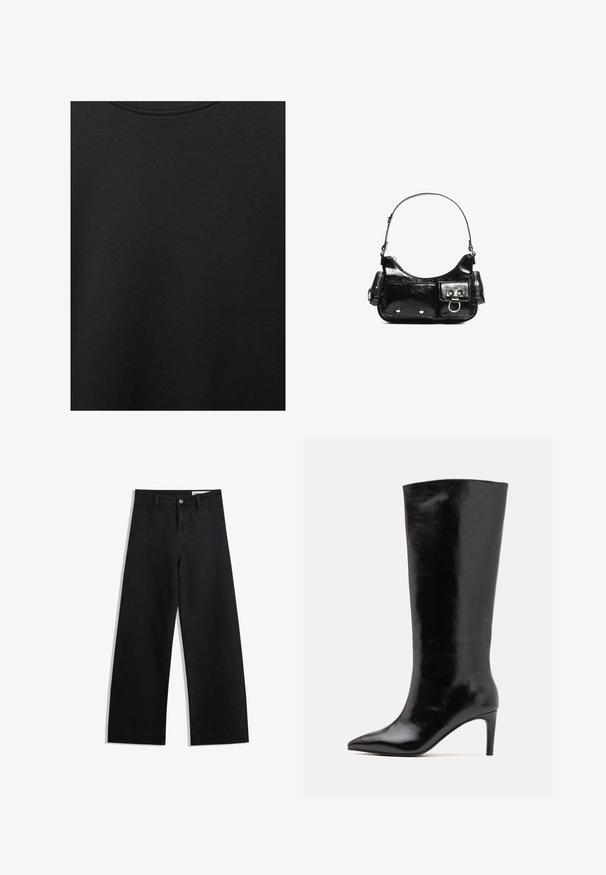 Musta puuvillakangas, jossa on sileä pinta ja pyöreä pääntie, ominaisuutena hienovarainen ja tasainen rakennekuvio. Ei näkyviä logoja tai korostuksia.; Mustat leveät farkut korkealla vyötäröllä, joissa on etu- ja takataskut, ommellut saumat ja nappisuljenta. Silkinoinen rakenne.; Call it Spring RHODDE - Korolliset saappaat - black; Mustekko mustasta kiiltonahasta valmistettu käsilaukku, jossa on kaareva muoto, yksi olkahihna, etutaskut ja hopeanväriset yksityiskohdat.
