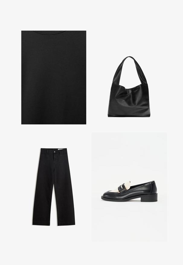 Schwarzer Baumwollstoff mit glatter Textur und Rundhalsausschnitt, der ein dezentes, gleichmäßiges Strukturmuster aufweist. Keine sichtbaren Logos oder Akzente.; Schwarze weit geschnittene Jeans mit hoher Taille, ausgestattet mit Vorder- und Hintertaschen, gesteppten Nähten und einem Knopfverschluss. Glatte Textur.; Schwarze Lederloafer mit einem kontrastierenden cremefarbenen Schaft, ausgestattet mit zwei dekorativen Riemen mit goldfarbener Hardware und einem Blockabsatzdesign.; Schwarze Leder-Tote mit einem weichen, lässigen Design, breiten Griffen und einer glatten Textur. Keine sichtbaren Beschläge oder Verzierungen.