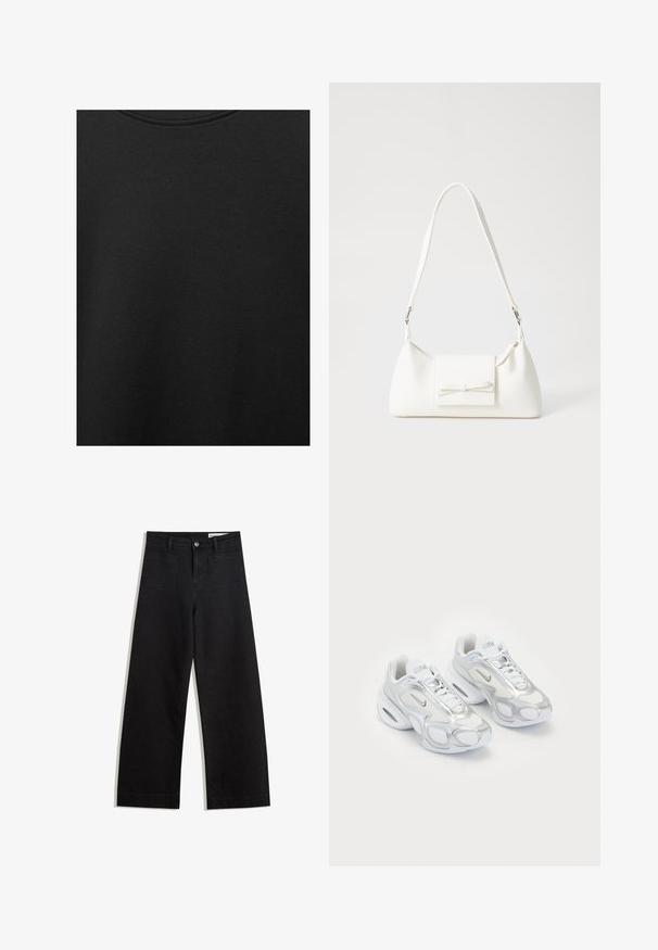 Crni pamučni materijal s glatkom teksturom i okruglim izrezom, s nježnim, ravnomjernim uzorkom. Nema vidljivih logotipa ili akcenata.; Crne široke traperice s visokim strukom, s prednjim i stražnjim džepovima, šivenim šavovima i kopčanjem na gumb. Glatka tekstura.; Bijele atletske tenisice s mrežastim gornjištem i srebrnim detaljima, jedinstvenog oblika i zračnim jastučićem u peti. Dizajn sa vezicama i logotipom.; Bijela sintetička torbica s trokutastim oblikom, ravnim prednjim poklopcem i detaljem u obliku mašne, podesivom remenom, glatkom teksturom i minimalističkim dizajnom.