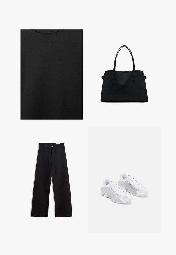 Crni pamučni materijal s glatkom teksturom i okruglim izrezom, s nježnim, ravnomjernim uzorkom. Nema vidljivih logotipa ili akcenata.; Crne široke traperice s visokim strukom, s prednjim i stražnjim džepovima, šivenim šavovima i kopčanjem na gumb. Glatka tekstura.; Bijele tenisice za trčanje s sivim naglascima, s teksturiranim gornjim dijelom, perforacijama za ventilaciju i segmentiranim petnim dijelom za ublažavanje.; Crna kožna torba s dvostrukim naramenicama, pravokutnog oblika i minimalističkim dizajnom na bijeloj pozadini.