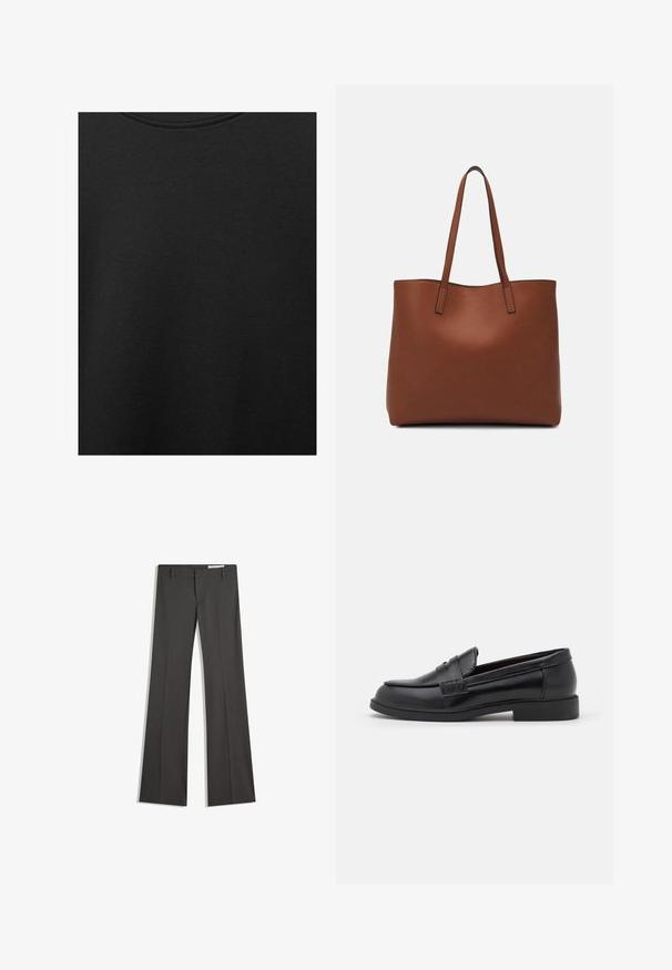 Țesătură de bumbac neagră cu o textură netedă și un guler rotund, având un model de granulație subtil și uniform. Fără logo-uri sau accente vizibile.; Pantaloni gri evazați dintr-un material neted, cu un front plat, bucle pentru curea și un design ajustat cu linii curate.; Loaferi negri din piele, cu o textură netedă, vârf rotund, detalii cusute pe partea superioară și o talpă joasă, plată din cauciuc.; Geantă de umăr din piele maro cu o textură netedă, design cu vârf deschis și două curele pentru umăr. Prezintă cusături minime și fără componente metalice vizibile.