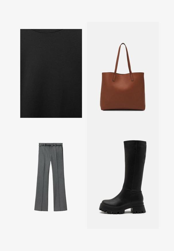 Zwarte katoen stof met een soepele textuur en een ronde halslijn, met een subtiele, gelijkmatige nerfpatroon. Geen zichtbare logo's of accenten.; Grijze op maat gemaakte broek met een recht model, lichtgewicht stof, riemlussen en een smalle riem met een zilveren gesp.; Zwarte kniehoge laarzen van faux leer, met een robuuste rubberen zool met diepe groeven, een gladde oppervlakte en minimale stikseldetails.; Bruine leren tote bag met een gladde textuur, een ontwerp met een open bovenkant en twee schouderbanden. Kenmerkt zich door minimale stiksels en geen zichtbare hardware.