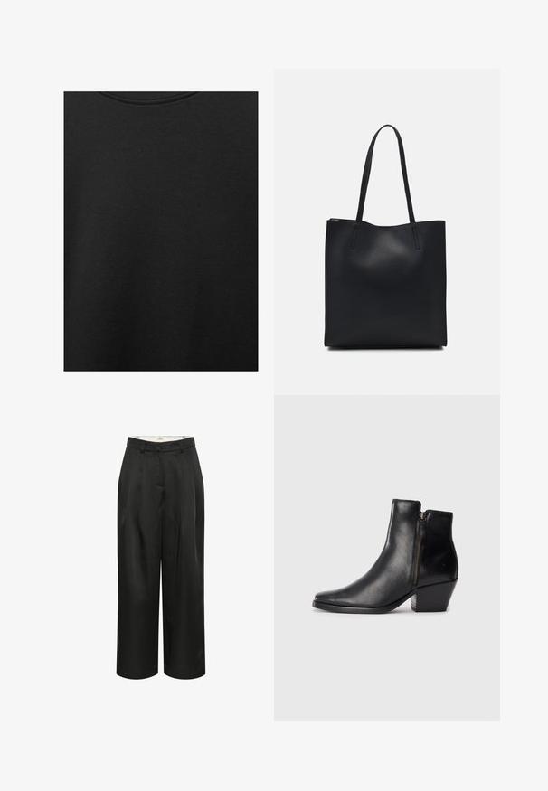 Schwarzer Baumwollstoff mit glatter Textur und Rundhalsausschnitt, der ein dezentes, gleichmäßiges Strukturmuster aufweist. Keine sichtbaren Logos oder Akzente.; Schwarze, weit zulaufende, gekürzte Hosen aus glattem Stoff. Mit vorderen Falten und einem taillierten Bund ausgestattet. Schlichtes und minimalistisches Design.; Schwarze Leder-Ankle-Boots mit spitzem Zeh, seitlichem Reißverschluss und blockiertem Absatz. Glatte Textur und minimalistisches Design.; Schwarze Laptoptasche aus Leder mit glatter Textur, rechteckiger Form und zwei langen Griffen. Keine sichtbaren Beschläge oder Verzierungen.