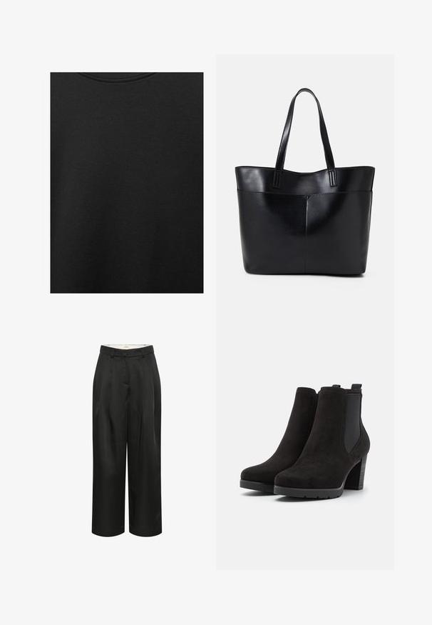 Țesătură de bumbac neagră cu o textură netedă și un guler rotund, având un model de granulație subtil și uniform. Fără logo-uri sau accente vizibile.; Pantaloni negri, cropped, cu picioare largi, dintr-un material neted. Prezintă pliseuri frontale și o talie ajustată. Design simplu și minimalist.; Botine negre din suede, cu panouri elastice pe laterale, vârf rotunjit și toc chunky. Suprafață texturată cu accente netede pe toc.; Geantă oversized din piele neagră, cu două mânere lungi, de textură netedă și formă structurată. Are un buzunar frontal pentru stocare suplimentară.