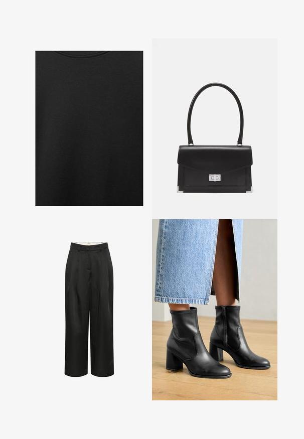 Svart bomullstyg med slät textur och rund halsringning, med ett subtilt, jämnt kornmönster. Inga synliga logotyper eller dekorationer.; Svarta, korta vida byxor i slät tyg. Har framtill veck och en åtsittande midja. Enkel och minimalistisk design.; Svarta läderankelstövlar med en blockklack, med sidopaneler i elastiskt material och en slät yta, bärs tillsammans med en ljusblå denimkjol.; Svart läderhandväska med en strukturerad design, ett topphandtag och ett silverfäste. Har hörnaccenter och slät yta.