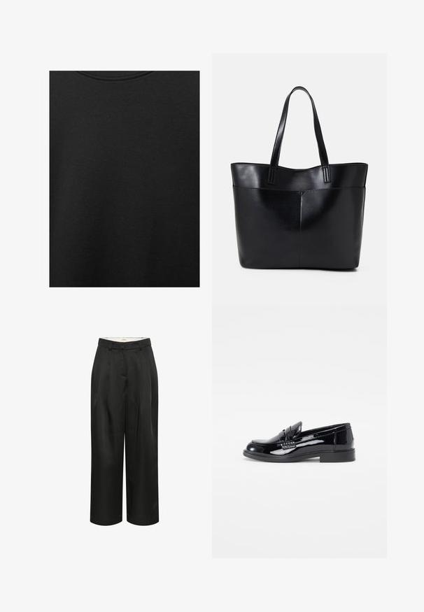 Sort bomuldsstof med glat struktur og rund halsudskæring, prydet med et subtilt, jævnt kornmønster. Ingen synlige logoer eller accenter.; Sorte, cropped bukser med vidde lavet af glat stof. Har fremadskuende folder og en tætsiddende talje. Simpelt og minimalistisk design.; Sorte patenteret læder loafersko med rund tå, forhøjet sømdetalje og flad gummisål. Glat tekstur med poleret overflade.; Sort læder tote taske med to lange håndtag, en glat tekstur og en struktureret form. Har en forlommem for ekstra opbevaring.