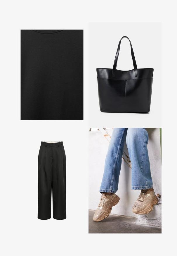 Tessuto di cotone nero con una texture liscia e scollatura rotonda, caratterizzato da un motivo a grana sottile e uniforme. Nessun logo o accento visibile.; Pantaloni larghi neri, tagliati alla caviglia, realizzati in tessuto liscio. Presentano pince frontali e una vita aderente. Design semplice e minimalista.; Sneaker beige con accenti metallici, design testurizzato e dettagli in strass, abbinati a jeans dritti di colore blu chiaro.; Borsa a tracolla in pelle nera con due manici lunghi, una texture liscia e una forma strutturata. Presenta una tasca frontale per ulteriore spazio di archiviazione.