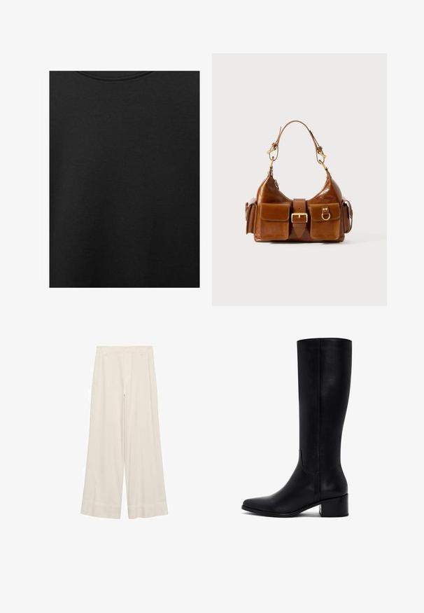 Tissu en coton noir avec une texture lisse et un col rond, présentant un motif grainé subtil et uniforme. Pas de logos ou d'accents visibles.; Pantalons larges en tissu crème, présentant une texture lisse, une taille cintrée et des coutures nettes. Devant plat avec ourlets à double surpiqûre.; Bottes en cuir noir montantes, avec un bout pointu, un talon bloc et une texture lisse. Présente un design épuré avec un minimum de détails.; Sac à main en cuir marron avec une forme courbée, deux ferrures en or, deux poches avant et une large bandoulière. Texture lisse avec une finition élégante.