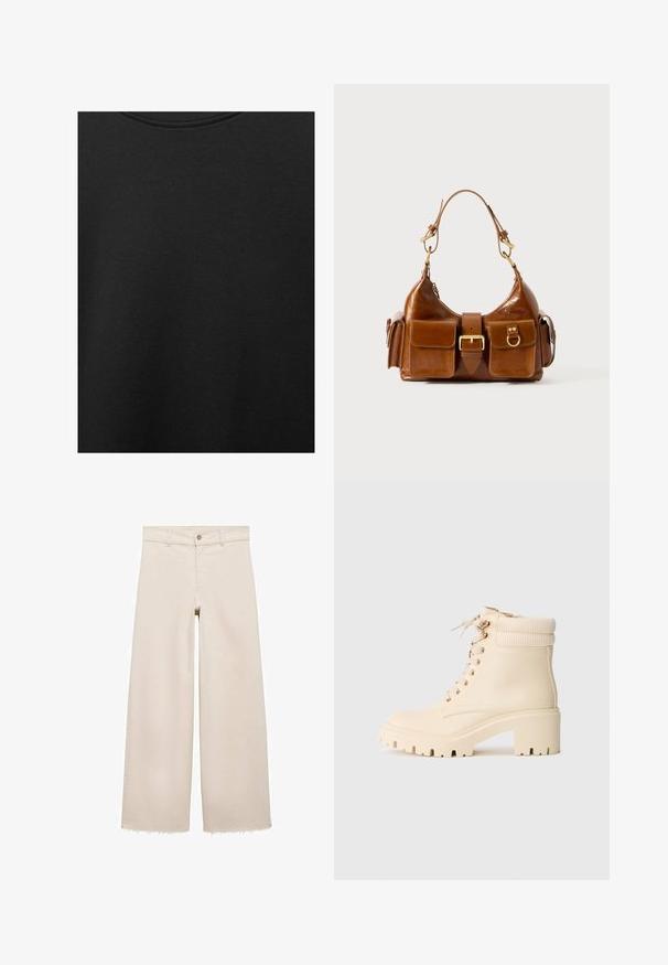 Musta puuvillakangas, jossa on sileä pinta ja pyöreä pääntie, ominaisuutena hienovarainen ja tasainen rakennekuvio. Ei näkyviä logoja tai korostuksia.; Beige leveleet jeansit, joissa on korkea vyötärö, napitus, etutaskut ja risat helmat. Valmistettu denim-kankaasta.; Kermanvärinen nilkkuri, joka on valmistettu sileästä nahasta, jossa on ribattu varren yläosa, jykevä kantapää ja nyöritys edessä kultaisilla nauharesoreilla.; Ruskea nahkalaukku, jossa on kaareva muoto, kaksi kultaisen sävyistä metalliosaa, kaksi etutaskua ja leveä olkahihna. Silkkinen pinta ja tyylikäs viimeistely.