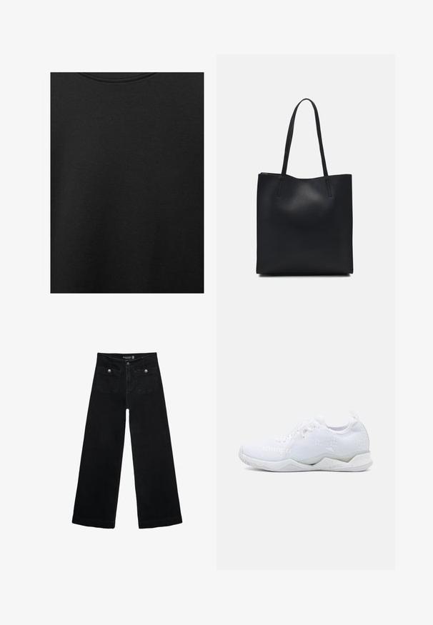 Čierna bavlnená tkanina s hladkou textúrou a okrúhlym výstrihom, s jemným, rovnomerným zrnom. Žiadne viditeľné logo ani akcenty.; Čierne široké nohavice s vysokým pásom, s dvoma prednými vreckami a kovovými detailmi na gombíku. Tkanina má hladkú textúru.; Biele športové topánky s textúrovaným pleteným zvrškom, s ľahkou podrážkou a jemnými geometrickými akcentmi. Značka "Kempa" viditeľná.; Čierna kožená taška na rameno s hladkým povrchom, obdĺžnikovým tvarom a dvoma dlhými uchami. Bez viditeľného kovania alebo ozdôb.