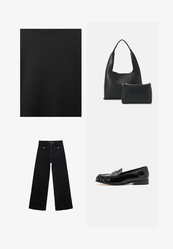 Schwarzer Baumwollstoff mit glatter Textur und Rundhalsausschnitt, der ein dezentes, gleichmäßiges Strukturmuster aufweist. Keine sichtbaren Logos oder Akzente.; Schwarze, weit geschnittene Jeans mit hoher Taille, die zwei Fronttaschen und metallene Knopfakzente aufweist. Der Stoff hat eine glatte Textur.; Schwarze Lacklederslipper mit runder Schuhspitze, Fransen-Details und einem niedrigen Blockabsatz. Die Oberfläche hat ein glänzendes Finish.; Even&Odd SET - Handtasche - black