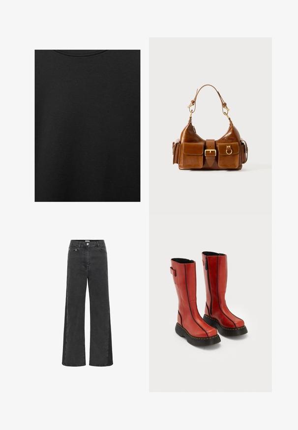 Tessuto di cotone nero con una texture liscia e scollatura rotonda, caratterizzato da un motivo a grana sottile e uniforme. Nessun logo o accento visibile.; Jeans neri a gamba larga in denim, con vita alta, tasche frontali e chiusura a bottone. Texture liscia con minimalismo nei dettagli.; Alti stivali rossi in pelle con suole nere spesse, cerniere laterali e dettagli di cucitura nera, posizionati uno accanto all'altro su uno sfondo bianco.; Borsa a tracolla in pelle marrone con forma curvata, hardware in tonalità oro duale, due tasche frontali e una cinghia larga. Texture liscia con una finitura elegante.