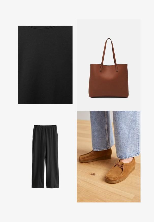 Črn bombažni material z gladko teksturo in okroglo izrezom, ki ima subtilen, enakomeren vzorec. Brez vidnih logotipov ali akcentov.; Črne hlače do kolen, izdelane iz lahkega materiala. Elastičen pas in gladka tekstura s straight-leg obliko. Brez vidnih podrobnosti ali vzorcev.; Rjave semiš čevlje z zaobljenim prstom in svetlom rjavo gumo podplatom, z enostavnim vezanjem, v kombinaciji z svetlo modrimi jeans hlačami.; Rjava usnjena torba z gladko teksturo, odprto zasnovo zgoraj in dvema naramnima trakovoma. Opremljena je z minimalnim šivanjem in brez vidnih kovinskih delov.