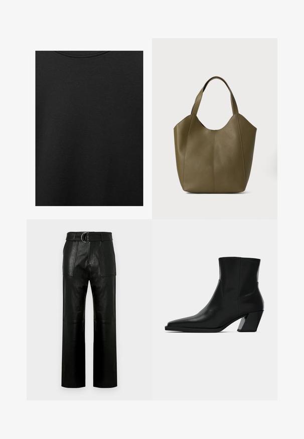 Țesătură de bumbac neagră cu o textură netedă și un guler rotund, având un model de granulație subtil și uniform. Fără logo-uri sau accente vizibile.; Pantaloni din piele neagră cu talie înaltă, cu picioare largi, buzunare frontale mari și un brâu asortat cu cataramă cu dublu inel.; Cizma neagră din piele, până la gleznă, cu vârf ascuțit, o siluetă elegantă și un toc pătrat gros. Textură netedă cu detalii de cusătură minime.; Geantă tote din piele verde măslinie cu două mânere, textură netedă și design din patru panouri. Cusături întărite pe margini pentru durabilitate.