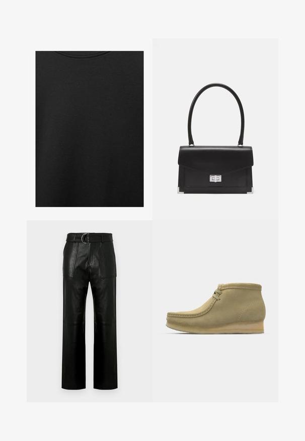 Zwarte katoen stof met een soepele textuur en een ronde halslijn, met een subtiele, gelijkmatige nerfpatroon. Geen zichtbare logo's of accenten.; Hoge taille zwarte leren broeken met brede pijpen, grote voorzakken en een bijpassende riem met dubbelringgesp.; Beige suède enkellaarzen met een ronde neus, minimale stiksels, een kleine hak en een vetersluiting voor een verstelbare pasvorm.; Zwarte leren handtas met een gestructureerd ontwerp, een bovenhandvat en een zilveren sluiting. Bevat hoekaccenten en een gladde textuur.
