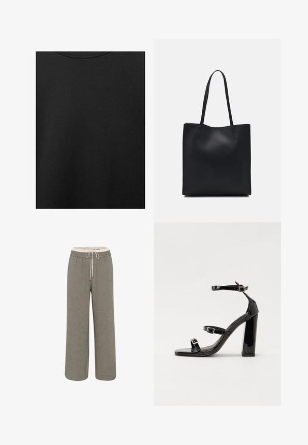 Fekete pamut anyag sima textúrával és kerek nyakkivágással, finom, egyenletes szemcsés mintázattal. Nincsenek látható logók vagy díszítések.; Széles lábú nadrág világosszürke anyagból. Rugalmas derékpánt húzózsinórral. Textúrált felület, látható minták vagy díszítések nélkül.; Fekete lakk magas sarkú szandál négyzet alakú orral, bokapántokkal és ezüst csatokat tartalmaz. Masszív blokk sarka a stabilitásért felel.; Fekete bőrtáska sima felszínnel, téglalap alakú, két hosszú füllel. Nincs látható fémkiegészítő vagy díszítés.