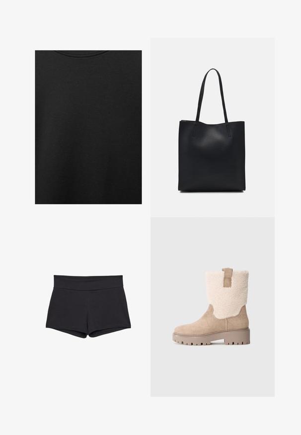 Sort bomuldsstof med glat struktur og rund halsudskæring, prydet med et subtilt, jævnt kornmønster. Ingen synlige logoer eller accenter.; Sorte, tætsiddende shorts med en bred linning, lavet af et blødt, strækbart stof. Kanten er glat uden synlige lukninger eller mønstre.; Mellemhøj beige ruskind støvle med tyk gummisål, foring af shearling ved kanten og trækstrop på neutral grå baggrund.; Sort læder tote taske med glat tekstur, rektangulær form og to lange hanke. Ingen synlig hardware eller udsmykninger.