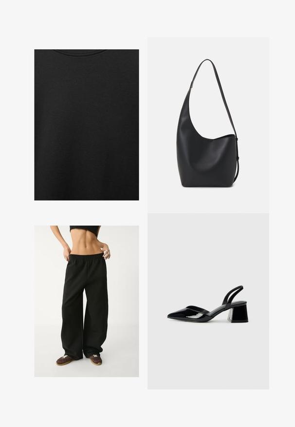 Tissu en coton noir avec une texture lisse et un col rond, présentant un motif grainé subtil et uniforme. Pas de logos ou d'accents visibles.; Pantalons de jogging noirs, à jambes larges, avec une taille élastique. Fabriqués en tissu doux, présentant une coupe décontractée. Associés à des baskets marron.; Escarpins en cuir verni noir avec bout pointu et talon bloc géométrique. Présente un design élégant et minimaliste ainsi qu'une texture lisse.; Sac hobo en cuir noir avec une texture lisse, une forme incurvée et une seule sangle réglable ; dispose d'une large ouverture en haut.