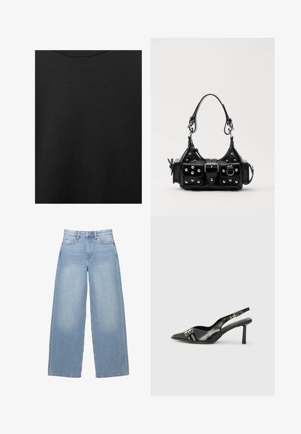 Fekete pamut anyag sima textúrával és kerek nyakkivágással, finom, egyenletes szemcsés mintázattal. Nincsenek látható logók vagy díszítések.; Világoskék, bő szárú farmernadrág. Magas derék, elöl zsebekkel és gombos záródással rendelkezik. Sima textúra, enyhe fakulással.; Fekete lakk bőr, hegyes orrú slingback cipő, boka pántokkal, ezüst csatokkal és hardverelemekkel, valamint karcsú sarkú.; Fekete bőr kézitáska ívelt designnal, ezüst szegecsekkel, csattal és két oldalsó zsebbel. Állítható vállpánt a hordozási lehetőségekhez.