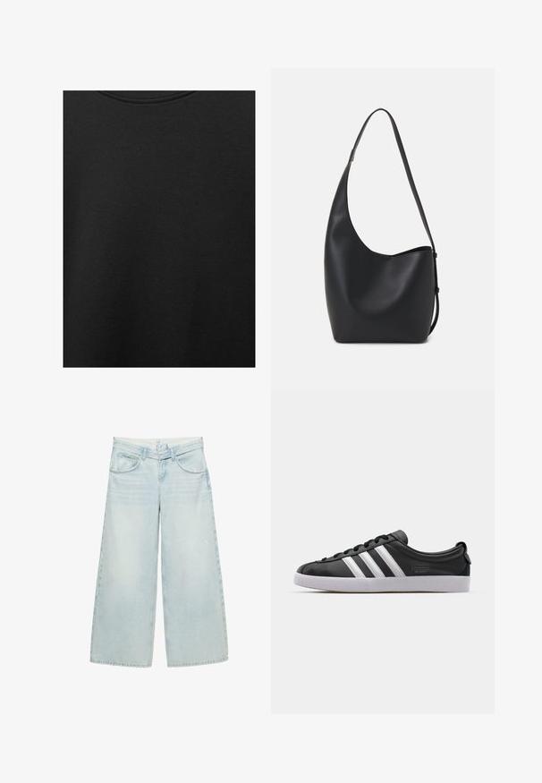 Fekete pamut anyag sima textúrával és kerek nyakkivágással, finom, egyenletes szemcsés mintázattal. Nincsenek látható logók vagy díszítések.; Világoskék, bő szárú farmernadrág, klasszikus öt zsebes dizájnnal és enyhe kopott részlettel az elején.; Fekete bőr sneaker fehér háromcsíkkal, kerek orral, lapos fehér gumitalppal és márkázott részlettel az oldalon.; Fekete bőr hobo táska sima textúrával, ívelt formával és egyetlen állítható pánttal; széles nyílás található a tetején.