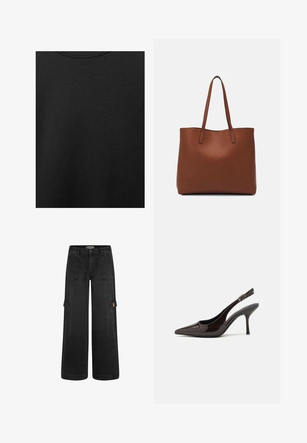 Črn bombažni material z gladko teksturo in okroglo izrezom, ki ima subtilen, enakomeren vzorec. Brez vidnih logotipov ali akcentov.; Črne cargo hlače s sproščenim krojem, elastičnim pasom, več sprednjimi žepi in stranskimi cargo žepi. Narejene iz trpežnega jeansa.; Slingback visoke pete v sijajni temno rjavi lak koži, koničastim nosom, odprtimi stranmi in nastavljivim gležnjenčkim trakom.; Rjava usnjena torba z gladko teksturo, odprto zasnovo zgoraj in dvema naramnima trakovoma. Opremljena je z minimalnim šivanjem in brez vidnih kovinskih delov.