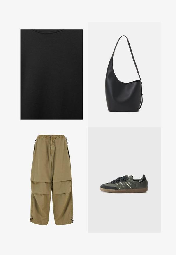 Schwarzer Baumwollstoff mit glatter Textur und Rundhalsausschnitt, der ein dezentes, gleichmäßiges Strukturmuster aufweist. Keine sichtbaren Logos oder Akzente.; Beige Cargo-Hosen mit elastischem Bund, großen Fronttaschen und verstellbaren Bündchen. Hergestellt aus leichtem Stoff mit glatter Textur.; adidas Originals SAMBA OG - Sneaker low - core black/legend earth/gum; Schwarze Leder-Hobo-Tasche mit einer glatten Textur, geschwungener Form und einem einzelnen verstellbaren Tragegurt; verfügt über eine weite Öffnung am oberen Ende.