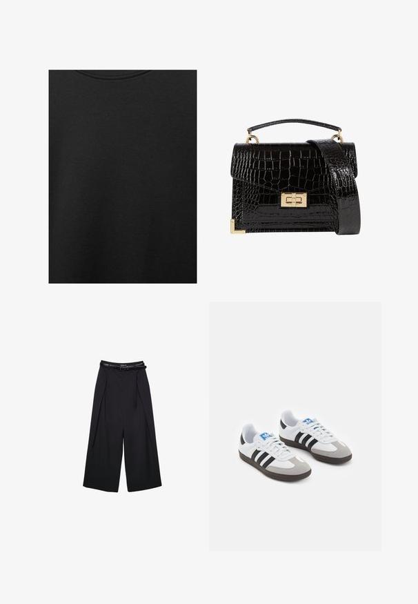 Tissu en coton noir avec une texture lisse et un col rond, présentant un motif grainé subtil et uniforme. Pas de logos ou d'accents visibles.; Pantalons larges noirs en tissu lisse, avec une taille haute et des passants de ceinture, présentant des détails de plis à l'avant et sans motifs visibles.; Baskets avec une tige en cuir blanc, un bout en daim gris et trois bandes noires. Présente un logo bleu sur la languette et une semelle en caoutchouc texturée.; Sac à main en cuir verni noir avec une texture crocodile, quincaillerie dorée, une poignée supérieure et une bandoulière amovible. Forme rectangulaire avec une fermeture à rabat.