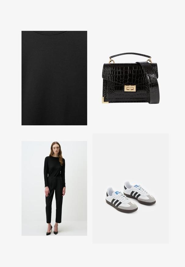 Schwarzer Baumwollstoff mit glatter Textur und Rundhalsausschnitt, der ein dezentes, gleichmäßiges Strukturmuster aufweist. Keine sichtbaren Logos oder Akzente.; Schwarzes Rippenoberteil mit langen Ärmeln, kombiniert mit hoch taillierten schwarzen Hosen mit geradem Bein. Abgerundet mit spitzen schwarzen High-Heels.; Sportschuhe mit einem Obermaterial aus weißem Leder, grauer Wildleder-Zehenkappe und drei schwarzen Streifen. Sie verfügen über ein blaues Logo auf der Zunge und eine strukturierte Gummisohle.; Schwarz lackierte Handtasche mit Krokodilstruktur, goldfarbenen Hardware, einem oberen Griff und einem abnehmbaren Schulterriemen. Rechteckige Form mit Klappenverschluss.