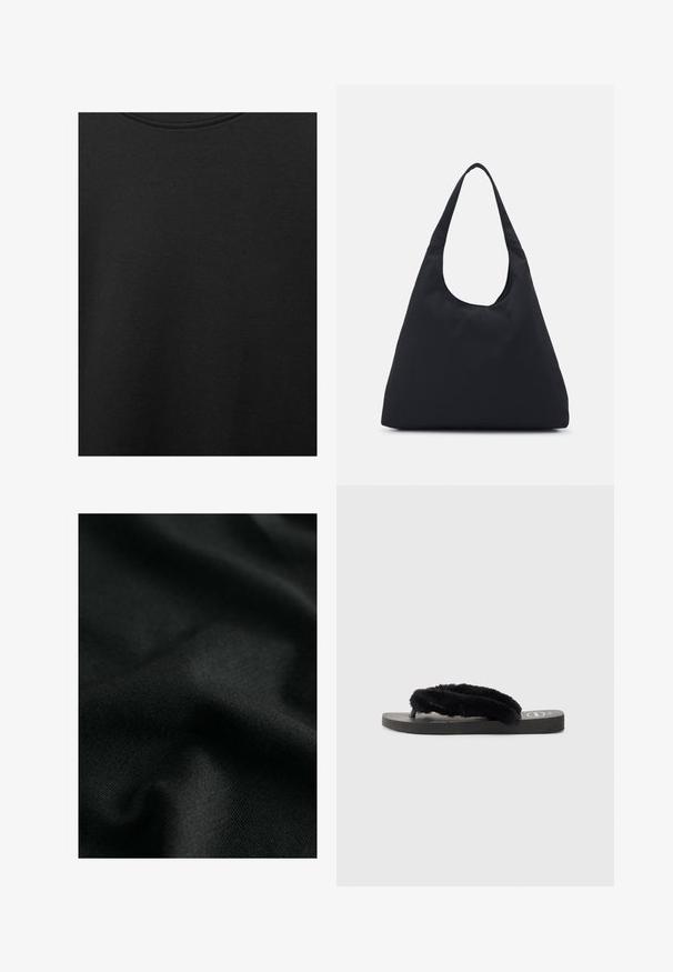 Svart bomullstyg med slät textur och rund halsringning, med ett subtilt, jämnt kornmönster. Inga synliga logotyper eller dekorationer.; Svart bomullstyg med en slät yta, som visar lätta vågor och subtila stickmönster. Materialet erbjuder ett mjukt, flexibelt fall.; Svarta flip-flop sandaler med två mjuka, lurviga remmar, platt gummisula och mönstrad fotbädd för grepp. Enkelt design i en monokrom färgschema.; Svart tygväska med en enda, bred axelrem. Mjuk, semi-strukturerad form och slät textur; minimal design utan synlig hårdvara.