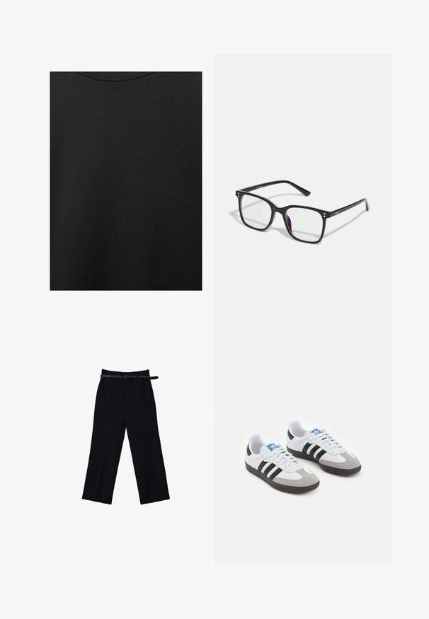 Černá bavlněná tkanina s hladkým povrchem a kulatým výstřihem, s jemným, rovnoměrným zrnem. Žádné viditelné loga ani akcenty.; Černé kalhoty s širokými nohavicemi a hladkým povrchem. Mají dobře padnoucí pas, poutka na opasek a přední kapsy.; Sportovní boty s bílým koženým svrškem, šedou semišovou špičkou a třemi černými pruhy. Obsahují modré logo na jazyku a texturovanou gumovou podrážku.; Černé obdélníkové brýle s čirými čočkami, se zlatými akcenty na rámu a mírným fialovým nádechem na jedné čočce.