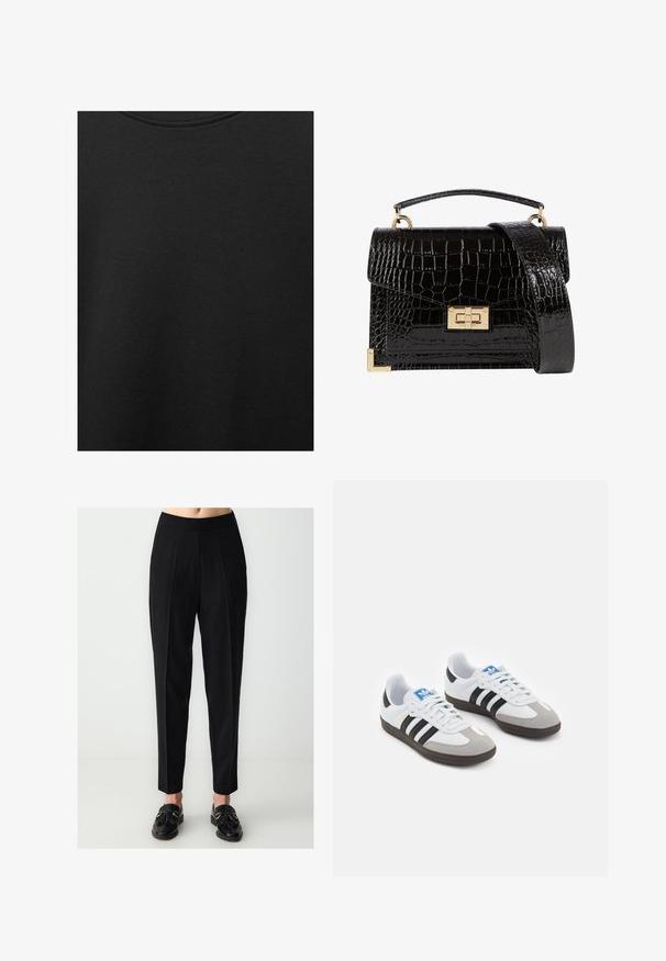 Tessuto di cotone nero con una texture liscia e scollatura rotonda, caratterizzato da un motivo a grana sottile e uniforme. Nessun logo o accento visibile.; Pantaloni neri su misura con vita aderente, gamba con pieghe e gamba affusolata. Tessuto liscio con finitura opaca, abbinati a mocassini neri.; Scarpe sportive con tomaia in pelle bianca, punta in suede grigia e tre strisce nere. Presentano un logo blu sulla linguetta e una suola in gomma testurizzata.; Borsa a tracolla nera in pelle verniciata con texture a coccodrillo, hardware dorato, manico superiore e una tracolla removibile. Forma rettangolare con chiusura a patta.