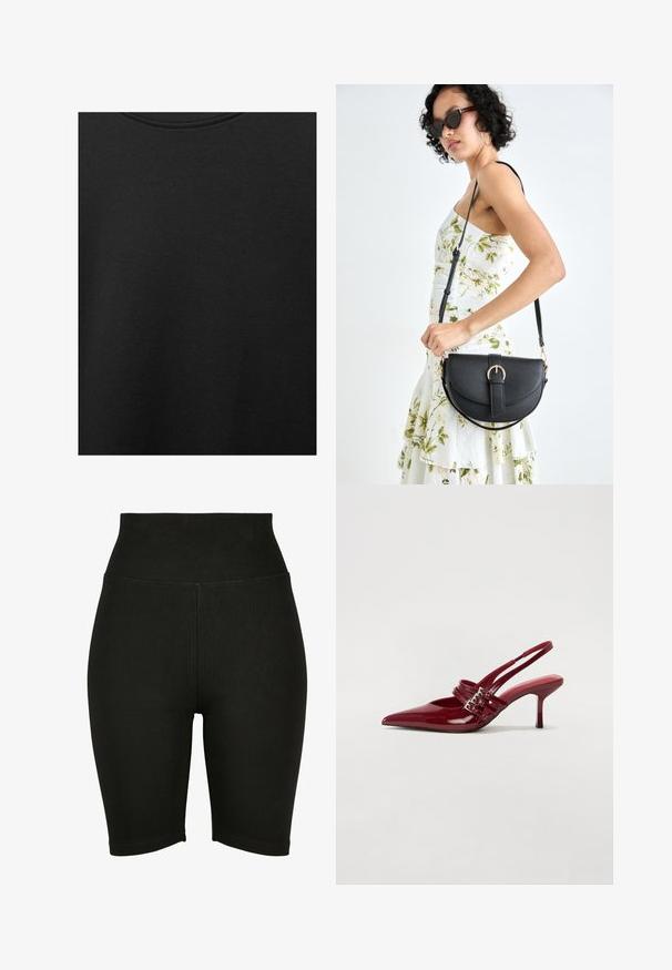 Zwarte katoen stof met een soepele textuur en een ronde halslijn, met een subtiele, gelijkmatige nerfpatroon. Geen zichtbare logo's of accenten.; Zwarte high-waisted fietsbroekjes gemaakt van rekbaar materiaal, met een gladde textuur en gestikte zoom, ontworpen voor comfort en bewegingsvrijheid.; Rode gepatenteerde leren slingbackhakken met een spitse neus, twee gespsluitingen en een slanke, middelhoge stilettohak. Glad textuur.; Zwarte leren handtas met een gebogen vorm, afneembare schouderband en gouden hardware. De tas heeft een klep met een gespsluiting.