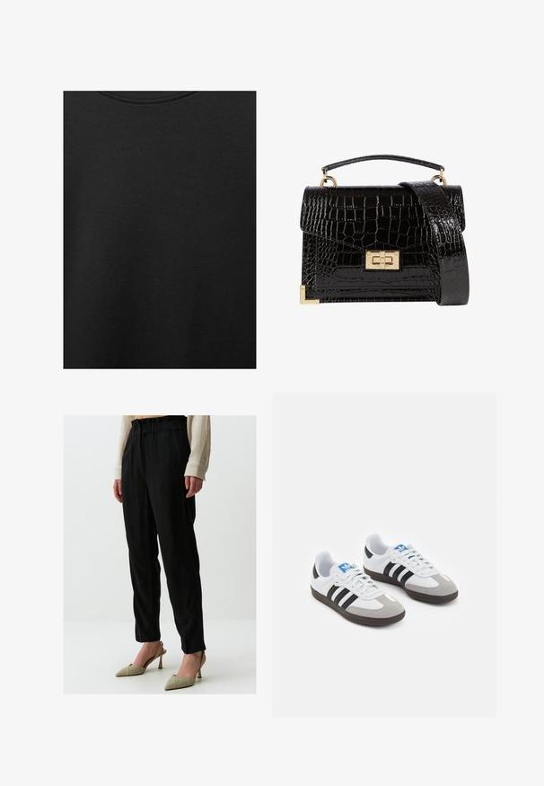 Zwarte katoen stof met een soepele textuur en een ronde halslijn, met een subtiele, gelijkmatige nerfpatroon. Geen zichtbare logo's of accenten.; Zwarte, loszittende broeken met een bijeen geraapt, elastisch middel, gecombineerd met metallic, spitse hakken. Gladde textuur met een subtiele glans.; Sportschoenen met een witte leren bovenkant, grijze suède neus en drie zwarte strepen. Bevat een blauw logo op de tong en een gestructureerde rubberen zool.; Zwarte patenten leren handtas met een krokodillenstructuur, gouden hardware, een bovenhandvat en een afneembare schouderband. Rechthoekige vorm met een klepafsluiting.