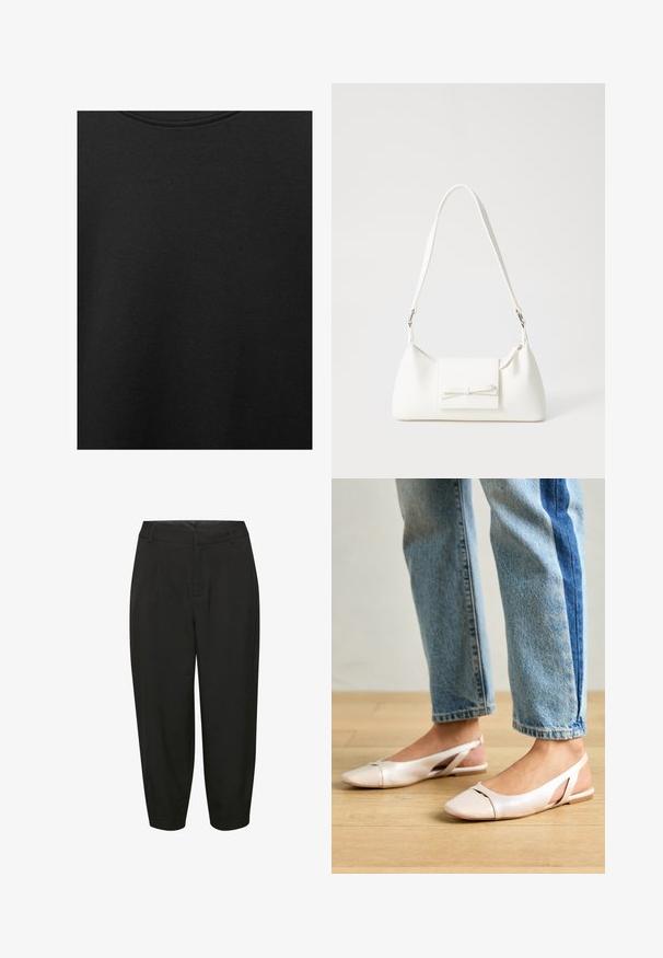 Schwarzer Baumwollstoff mit glatter Textur und Rundhalsausschnitt, der ein dezentes, gleichmäßiges Strukturmuster aufweist. Keine sichtbaren Logos oder Akzente.; Schwarze, maßgeschneiderte Hose mit hoher Taille, Falten-Details und zulaufenden Beinen, aus einem glatten, leichten Stoff gefertigt.; Blassrosa Slingback-Ballerinas mit spitzem Punkt, aus einem glatten, lederähnlichen Material. Mit Ausschnitten an den Seiten und einem flachen Absatz.; Weiße synthetische Handtasche in dreieckiger Form, flache Vorderklappe und Schleifendetail, verstellbarer Trageriemen, glatte Textur und minimalistisches Design.