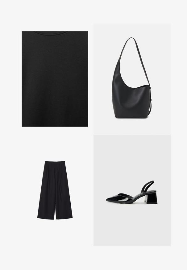 Černá bavlněná tkanina s hladkým povrchem a kulatým výstřihem, s jemným, rovnoměrným zrnem. Žádné viditelné loga ani akcenty.; Černé kalhoty s širokými nohavicemi a skladbami, vyrobené z hladkého materiálu. Mají vysoký pas a čistý, přizpůsobený střih.; Černé lakované kožené lodičky na pásku s špičatou špičkou a geometrickým blokovým podpatkem. Vyznačují se elegantním, minimalistickým designem a hladkým povrchem.; Černá kožená hobo taška s hladkým povrchem, zakřiveným tvarem a jedním nastavitelným popruhem; má široké otevírání nahoře.