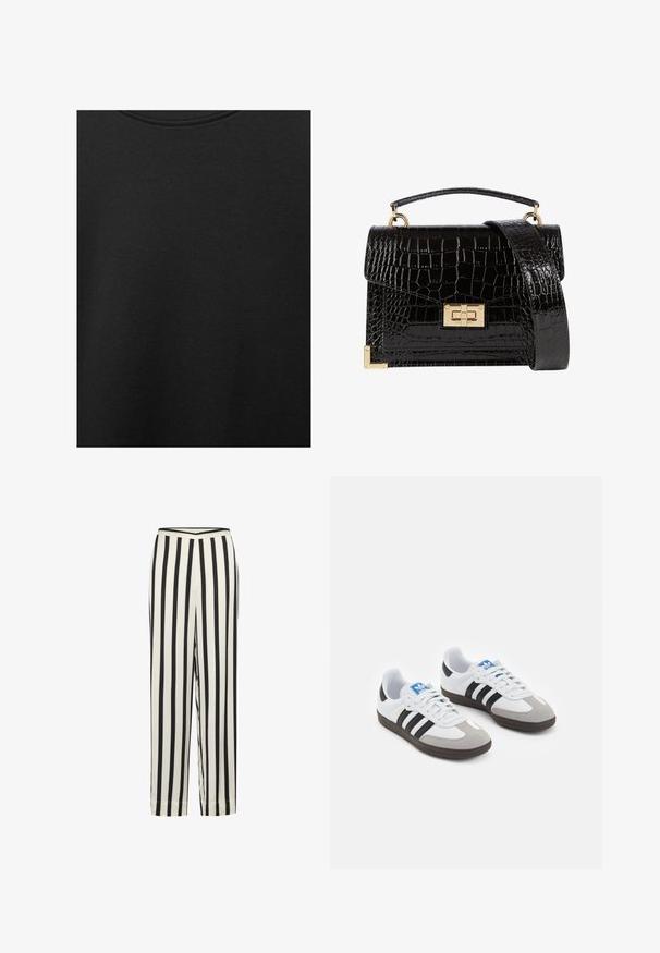 Tessuto di cotone nero con una texture liscia e scollatura rotonda, caratterizzato da un motivo a grana sottile e uniforme. Nessun logo o accento visibile.; Pantaloni a righe bianche e nere con un design a gamba dritta e una vita elasticizzata. Realizzati in tessuto leggero con una texture liscia.; Scarpe sportive con tomaia in pelle bianca, punta in suede grigia e tre strisce nere. Presentano un logo blu sulla linguetta e una suola in gomma testurizzata.; Borsa a tracolla nera in pelle verniciata con texture a coccodrillo, hardware dorato, manico superiore e una tracolla removibile. Forma rettangolare con chiusura a patta.