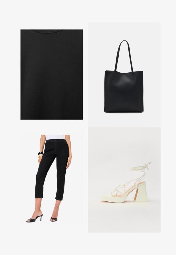 Črn bombažni material z gladko teksturo in okroglo izrezom, ki ima subtilen, enakomeren vzorec. Brez vidnih logotipov ali akcentov.; Črne denim hlače s skrajšanimi hlačnicami, prilegajočega kroja, srednjega pasu in sprednjimi žepi. Gladka tekstura s klasičnim petim žepnim slogom.; Bela sandala na visokih petah s debelim petam, ki ima obliko trakcev in vezanje okoli gležnja. Gladka tekstura z platformo spredaj za dodatno višino.; Črna usnjena torba s svilnato teksturo, pravokotne oblike in dvema dolgima ročajema. Brez vidnih metalnih delov ali okrasnih elementov.