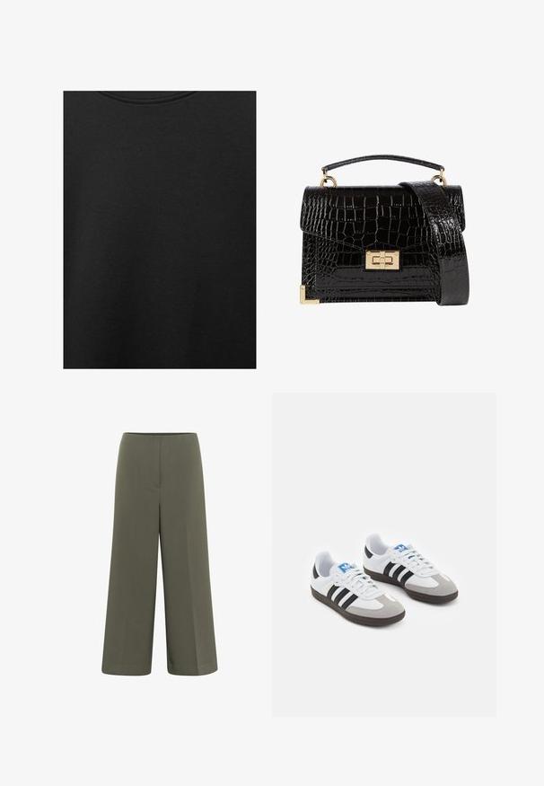 Sort bomuldsstof med glat struktur og rund halsudskæring, prydet med et subtilt, jævnt kornmønster. Ingen synlige logoer eller accenter.; Bredde benbukser lavet af glat, olivengrønt stof med en flad talje og uden synlige lommer, som har en struktureret pasform og rene linjer.; Sportsko med en overdel i hvid læder, grå ruskind på tåen og tre sorte striber. Har et blåt logo på tungen og en struktureret gummisål.; Sort lakeret håndtaske med krokodillemønster, guldbeslag, en top-håndtag og en aftagelig skulderrem. Firkantet form med klaplukning.