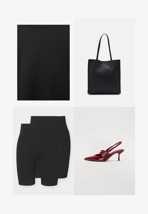 Črn bombažni material z gladko teksturo in okroglo izrezom, ki ima subtilen, enakomeren vzorec. Brez vidnih logotipov ali akcentov.; Črne raztegljive kratke hlače enostavnega dizajna, z srednje visokim pasom in gladko, mehko teksturo. Na voljo v paketu dveh.; Rde lakirane sandalete na peto s ostrim nosom, dvema sponkami in tanko, srednje visokim peto središče. Gladka tekstura.; Črna usnjena torba s svilnato teksturo, pravokotne oblike in dvema dolgima ročajema. Brez vidnih metalnih delov ali okrasnih elementov.