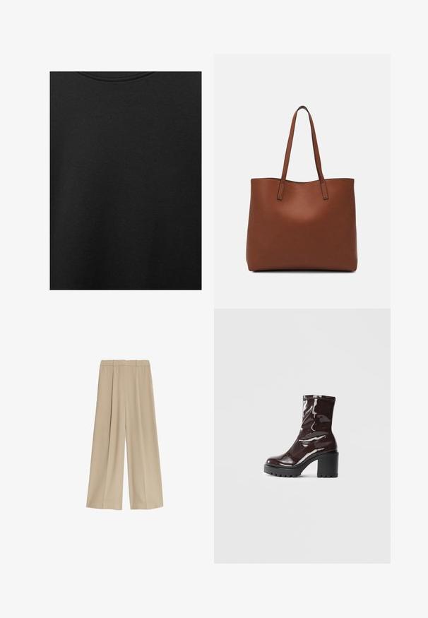 Zwarte katoen stof met een soepele textuur en een ronde halslijn, met een subtiele, gelijkmatige nerfpatroon. Geen zichtbare logo's of accenten.; Beige, ruime broek met een gladde textuur, voorzien van twee zijzakken en een platte tailleband, ontworpen voor een comfortabele pasvorm.; Glanzende bordeauxrode enkelboot met een chunky zwarte hak, met een gladde textuur en een eenvoudig ontwerp. Geen zichtbare sluitingen of patronen.; Bruine leren tote bag met een gladde textuur, een ontwerp met een open bovenkant en twee schouderbanden. Kenmerkt zich door minimale stiksels en geen zichtbare hardware.