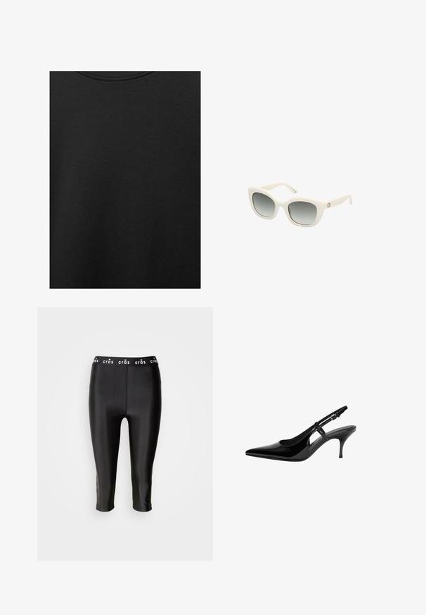 Czarna bawełniana tkanina o gładkiej teksturze i okrągłym dekolcie, z delikatnym, równomiernym wzorem włókna. Brak widocznych logo lub akcentów.; Czarne ściągacze na kostki z błyszczącym wykończeniem, z szerokim pasem oznaczonym napisem "crās" i gładką teksturą. Brak widocznych szwów lub wzorów.; Czarne lakierowane pantofle typu slingback z wydłużonym noskiem, otwartymi bocznymi wycięciami, smukłym obcasem i regulowanym zapięciem na kostkę.; Białe plastikowe okulary przeciwsłoneczne w kształcie kociego oka, z gradacyjnie szarymi soczewkami, solidnymi zausznikami i złotymi detalami logo po bokach.; Brązowa skórzana torba na ramię z zaokrąglonymi krawędziami, z magnetycznym zapięciem i złotymi akcentami. Regulowany pasek dla większej wszechstronności.