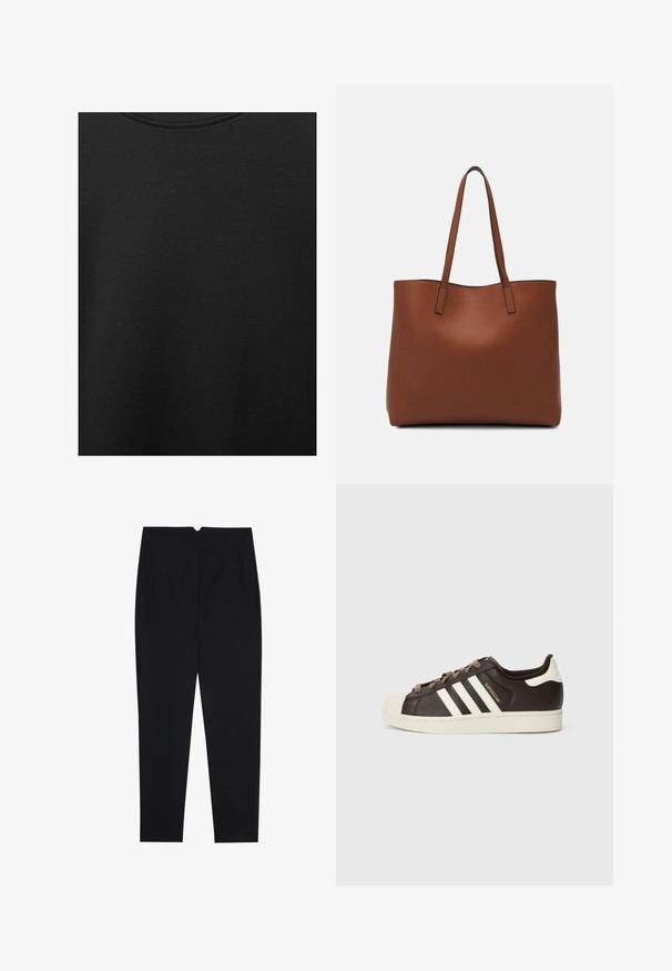 Črn bombažni material z gladko teksturo in okroglo izrezom, ki ima subtilen, enakomeren vzorec. Brez vidnih logotipov ali akcentov.; Črne hlače iz teksturiranega materiala, z ravnim sprednjim delom, stranskimi žepi in ravnim krojem nogavice ter srednjim pasom.; Nizki adidas Superstar copat iz temno rjavega usnja s kremasto školjkasto konico, belimi črtami in napisom "Superstar" na strani.; Rjava usnjena torba z gladko teksturo, odprto zasnovo zgoraj in dvema naramnima trakovoma. Opremljena je z minimalnim šivanjem in brez vidnih kovinskih delov.