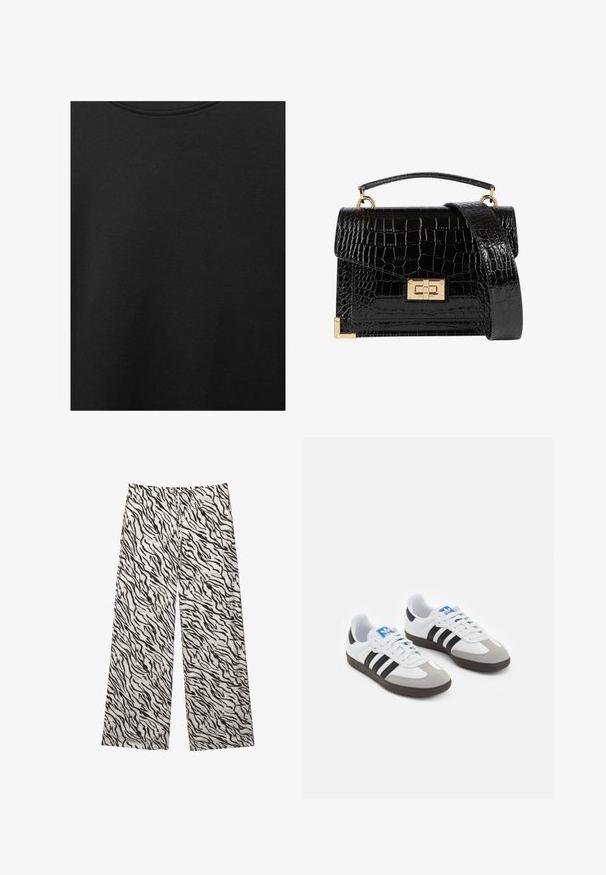 Sort bomuldsstof med glat struktur og rund halsudskæring, prydet med et subtilt, jævnt kornmønster. Ingen synlige logoer eller accenter.; Vidde bukser i en let stof med et sort og hvidt tigerstribet mønster. Elastisk talje med snøre detalje.; Sportsko med en overdel i hvid læder, grå ruskind på tåen og tre sorte striber. Har et blåt logo på tungen og en struktureret gummisål.; Sort lakeret håndtaske med krokodillemønster, guldbeslag, en top-håndtag og en aftagelig skulderrem. Firkantet form med klaplukning.